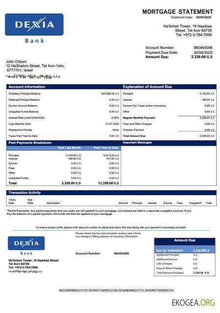 Modèle Word et PDF de relevé hypothécaire de la Dexia Banque en Israël